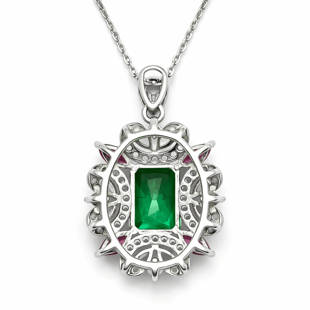 Silver-Tone Emerald Green Stone Floral Pendant Necklace with CZ Accents