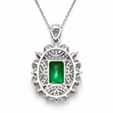 Silver-Tone Emerald Green Stone Floral Pendant Necklace with CZ Accents