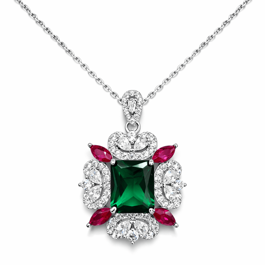 Silver-Tone Emerald Green Stone Floral Pendant Necklace with CZ Accents