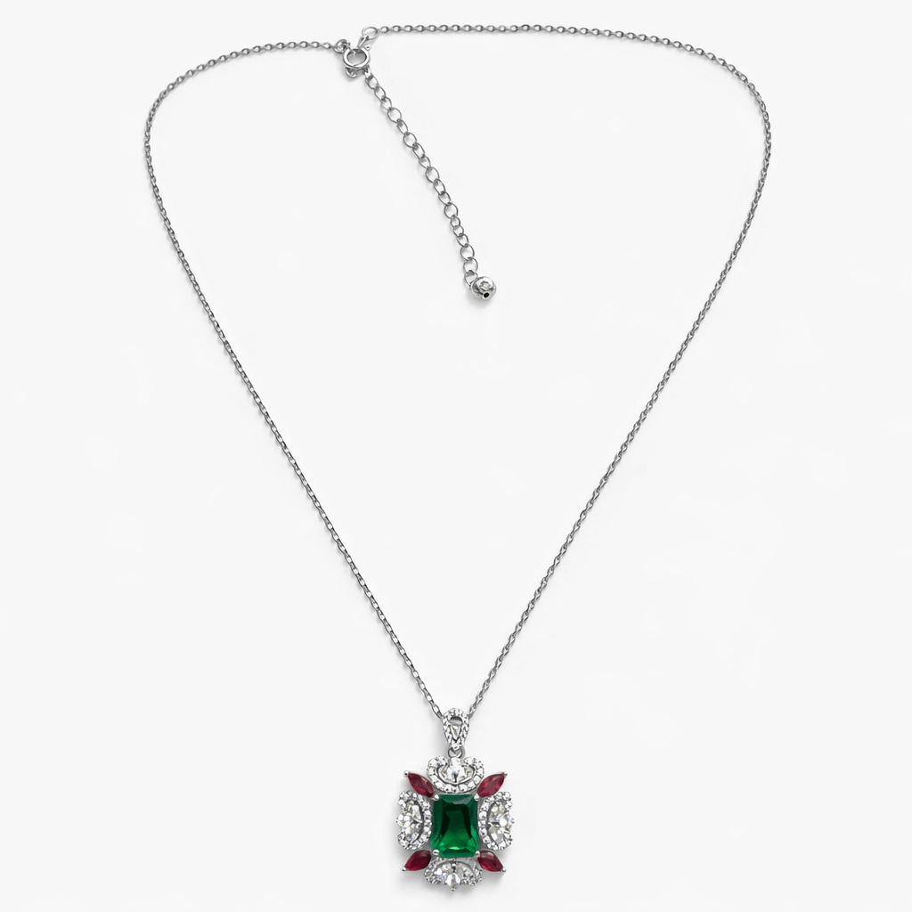 Silver-Tone Emerald Green Stone Floral Pendant Necklace with CZ Accents