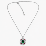 Silver-Tone Emerald Green Stone Floral Pendant Necklace with CZ Accents
