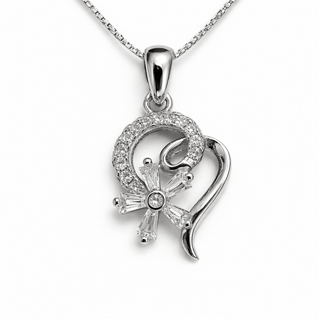 Silver Tone Abstract Heart Pendant with Floral CZ Cluster Design