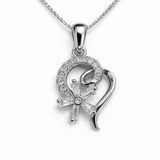 Silver Tone Abstract Heart Pendant with Floral CZ Cluster Design