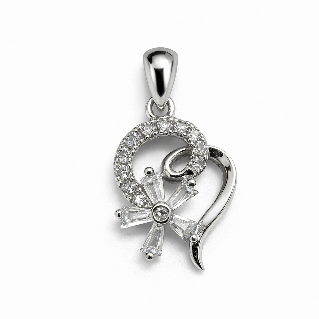 Silver Tone Abstract Heart Pendant with Floral CZ Cluster Design
