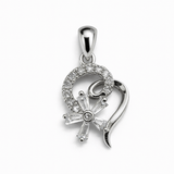 Silver Tone Abstract Heart Pendant with Floral CZ Cluster Design