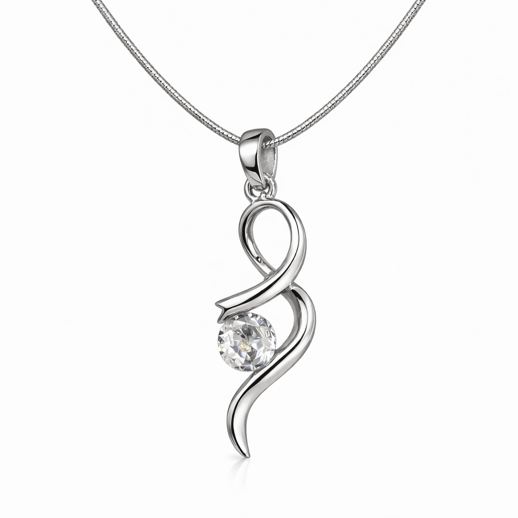Silver Tone Abstract Swirl Pendant Round Crystal Minimal Elegant Jewellery