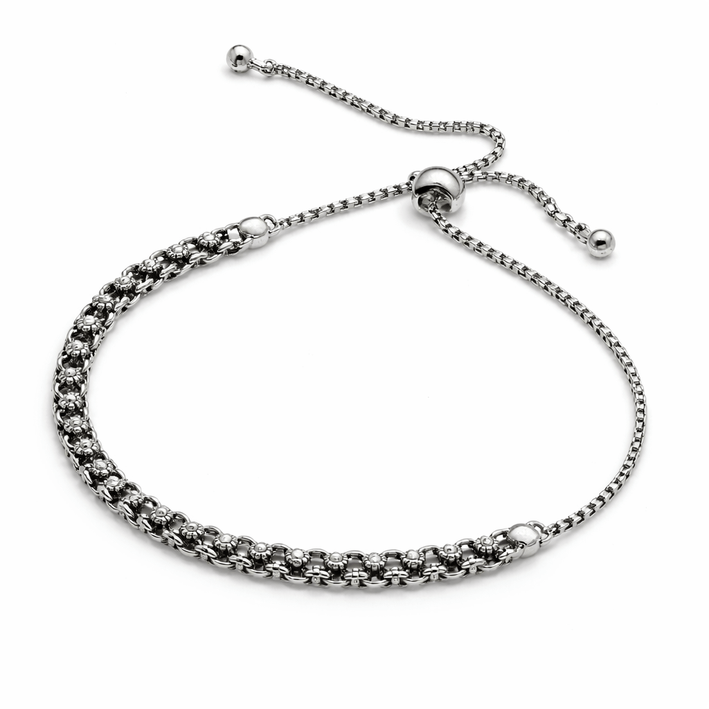 Silver Tone Adjustable Chain Bracelet with Textured Link Statement Design