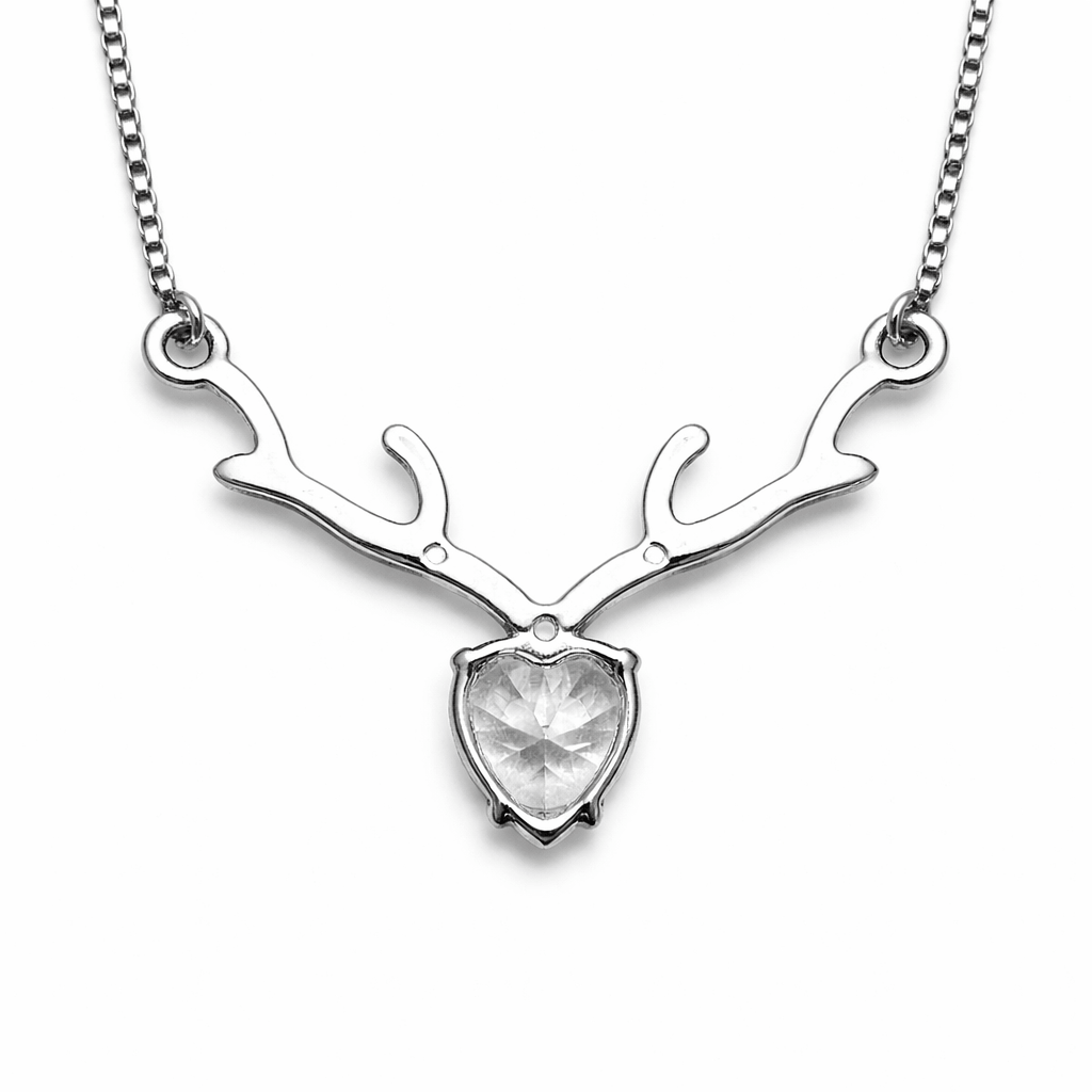 Silver Tone Antler Heart Pendant Necklace with Sparkling CZ Stone