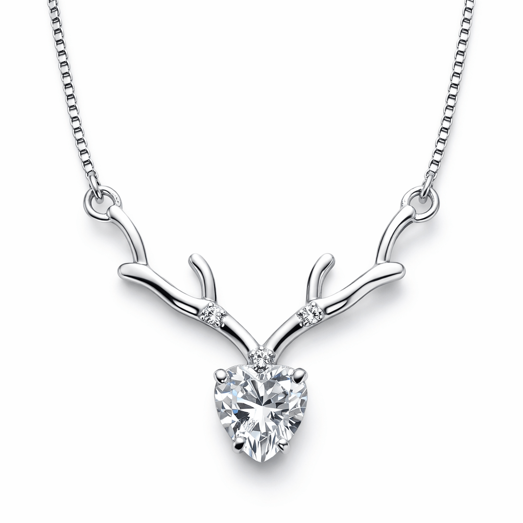 Silver Tone Antler Heart Pendant Necklace with Sparkling CZ Stone