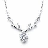 Silver Tone Antler Heart Pendant Necklace with Sparkling CZ Stone
