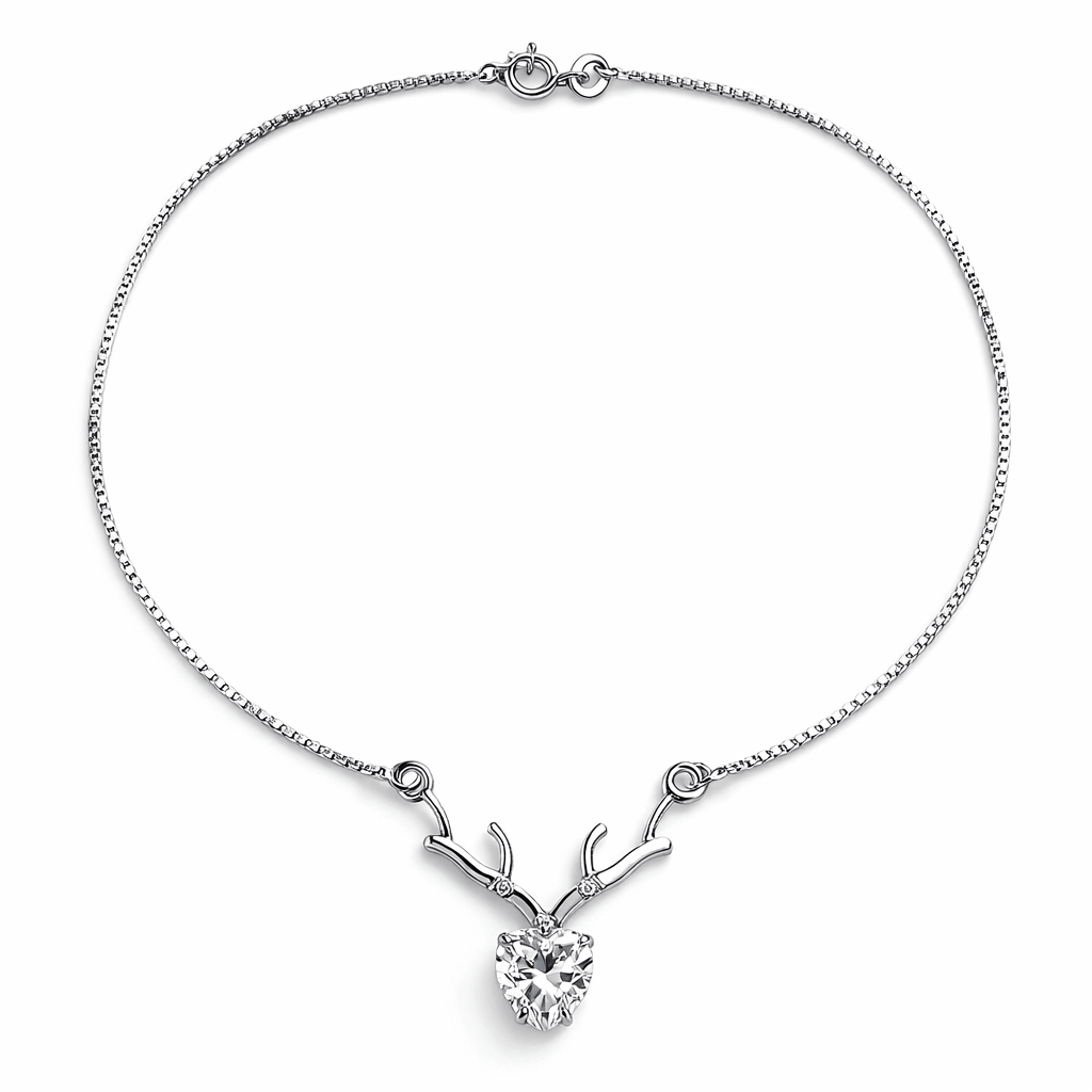 Silver Tone Antler Heart Pendant Necklace with Sparkling CZ Stone