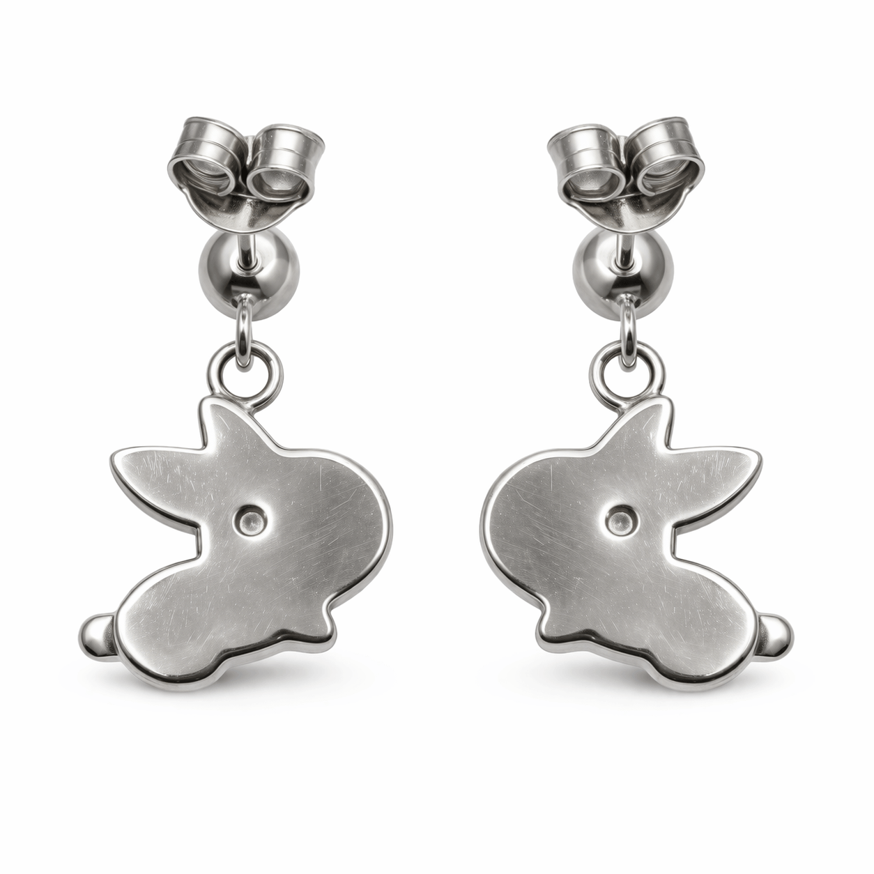 Silver Tone Bunny Drop Earrings with Pink Enamel Cute Animal Design