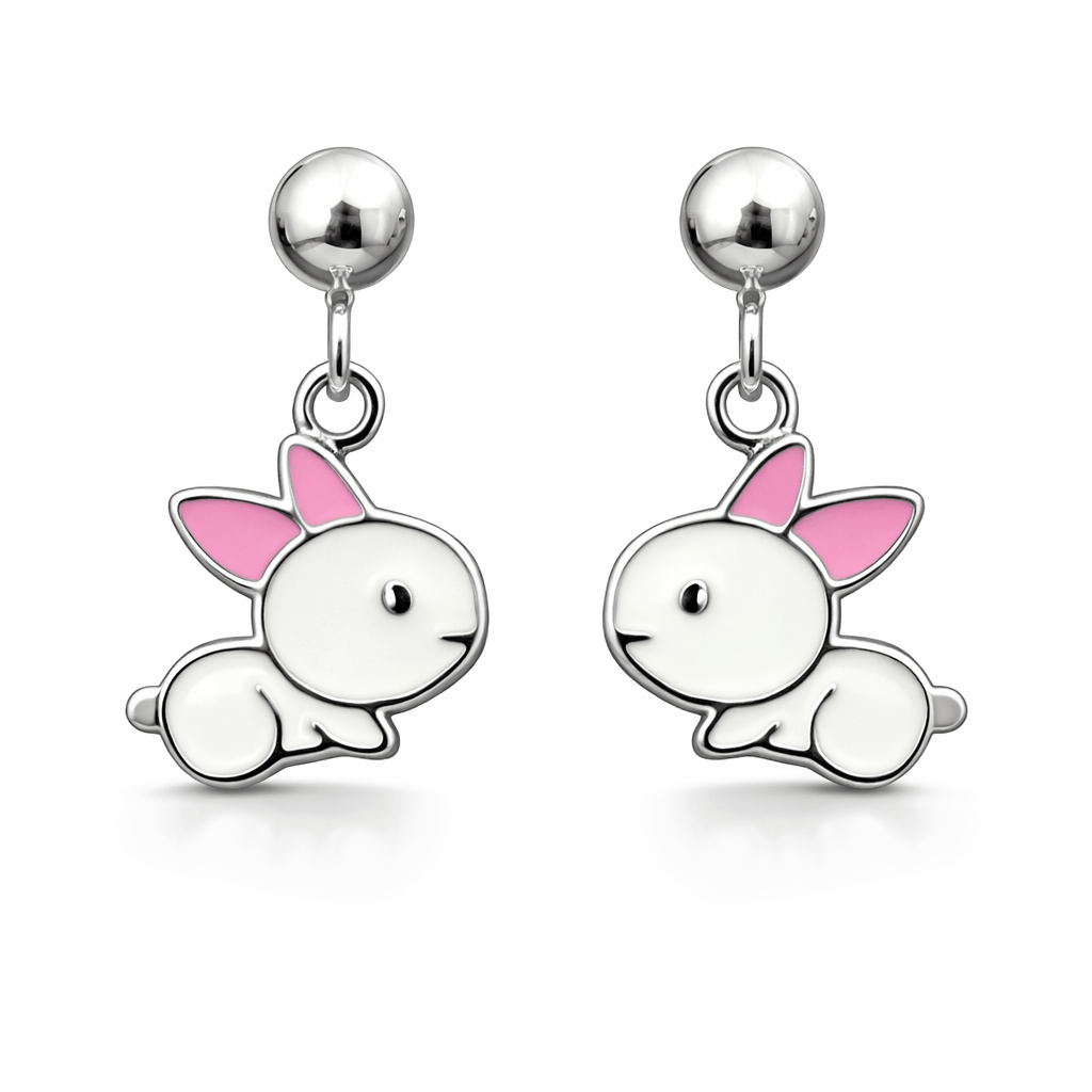 Silver Tone Bunny Drop Earrings with Pink Enamel Cute Animal Design