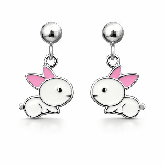 Silver Tone Bunny Drop Earrings with Pink Enamel Cute Animal Design