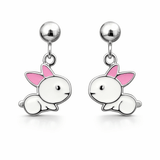 Silver Tone Bunny Drop Earrings with Pink Enamel Cute Animal Design