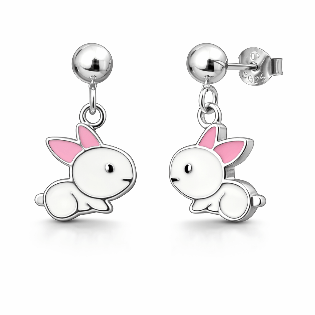 Silver Tone Bunny Drop Earrings with Pink Enamel Cute Animal Design