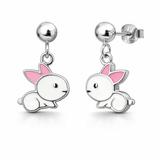 Silver Tone Bunny Drop Earrings with Pink Enamel Cute Animal Design
