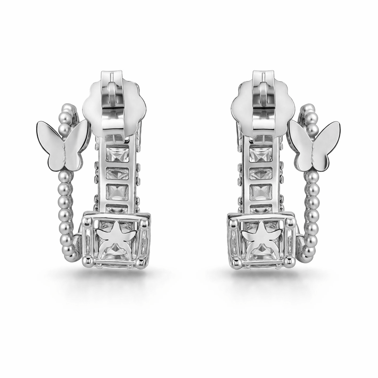 Silver Tone Butterfly Hoop Earrings with Square CZ Stones and Beaded Detail