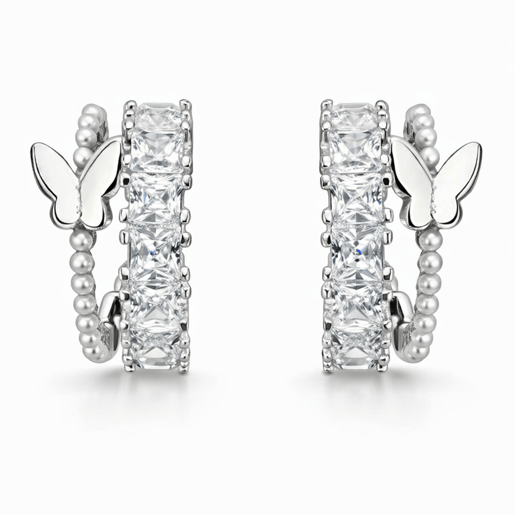 Silver Tone Butterfly Hoop Earrings with Square CZ Stones and Beaded Detail