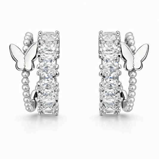 Silver Tone Butterfly Hoop Earrings with Square CZ Stones and Beaded Detail