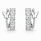Silver Tone Butterfly Hoop Earrings with Square CZ Stones and Beaded Detail