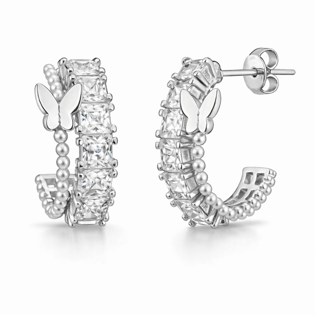 Silver Tone Butterfly Hoop Earrings with Square CZ Stones and Beaded Detail