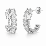 Silver Tone Butterfly Hoop Earrings with Square CZ Stones and Beaded Detail