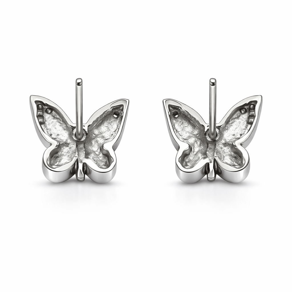 Silver Tone Butterfly Stud Earrings with Blue Enamel Wings and CZ Accents