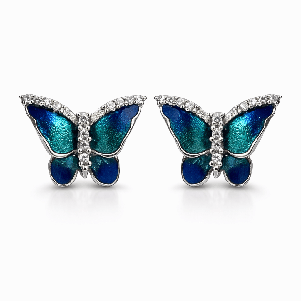 Silver Tone Butterfly Stud Earrings with Blue Enamel Wings and CZ Accents