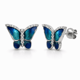 Silver Tone Butterfly Stud Earrings with Blue Enamel Wings and CZ Accents