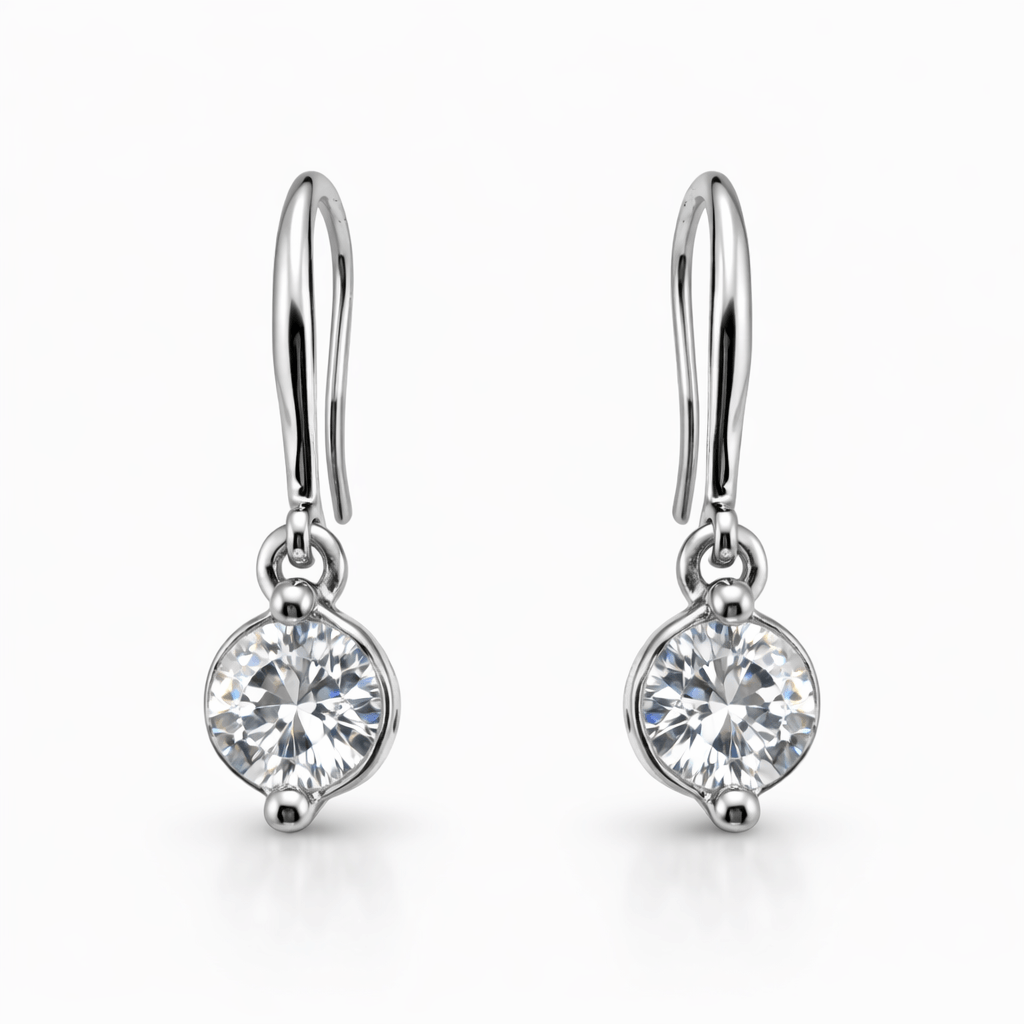 Silver Tone Drop Earrings with Round CZ Dangle and Hook Design