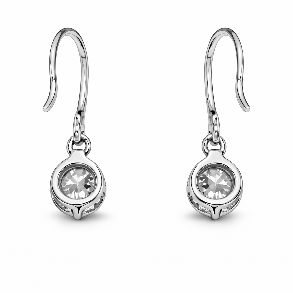 Silver Tone Drop Earrings with Round CZ Dangle and Hook Design