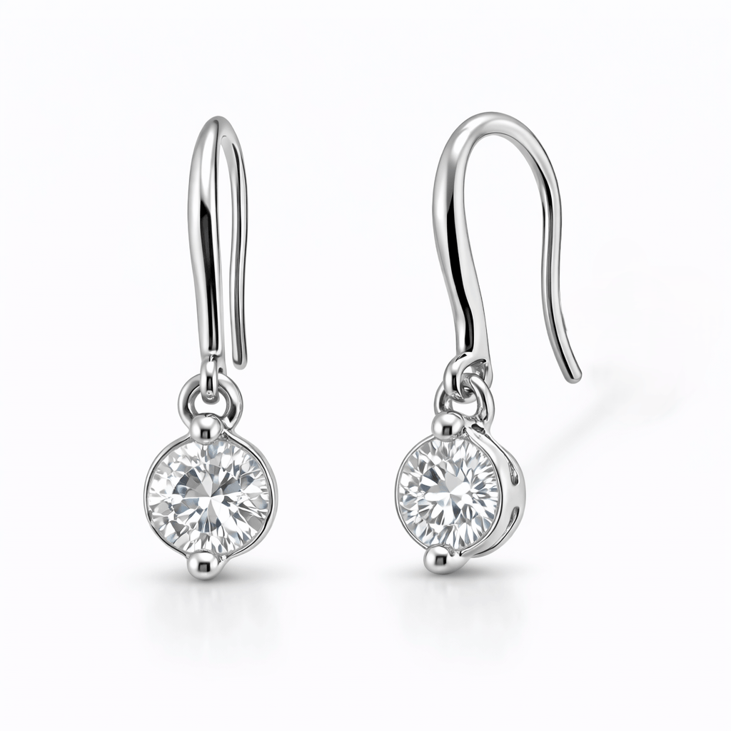 Silver Tone Drop Earrings with Round CZ Dangle and Hook Design