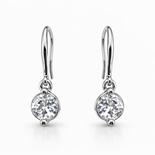 Silver Tone Drop Earrings with Round CZ Dangle and Hook Design