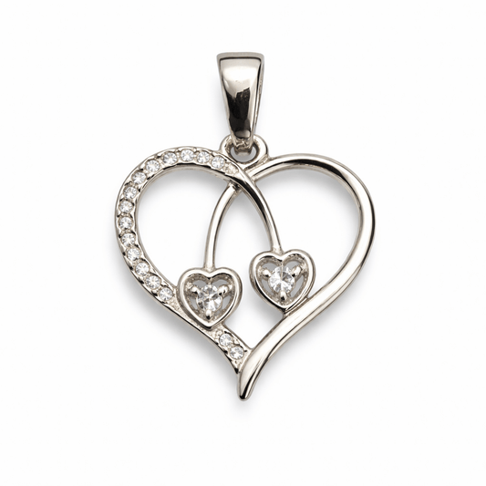 Silver Tone Dual Heart CZ Pendant with Interlinked Romantic Sparkle Design