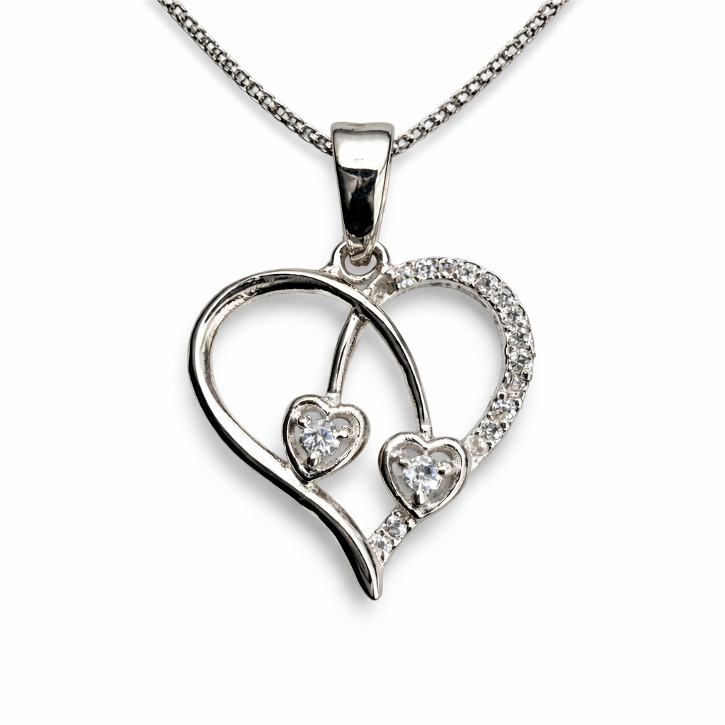 Silver Tone Dual Heart CZ Pendant with Interlinked Romantic Sparkle Design