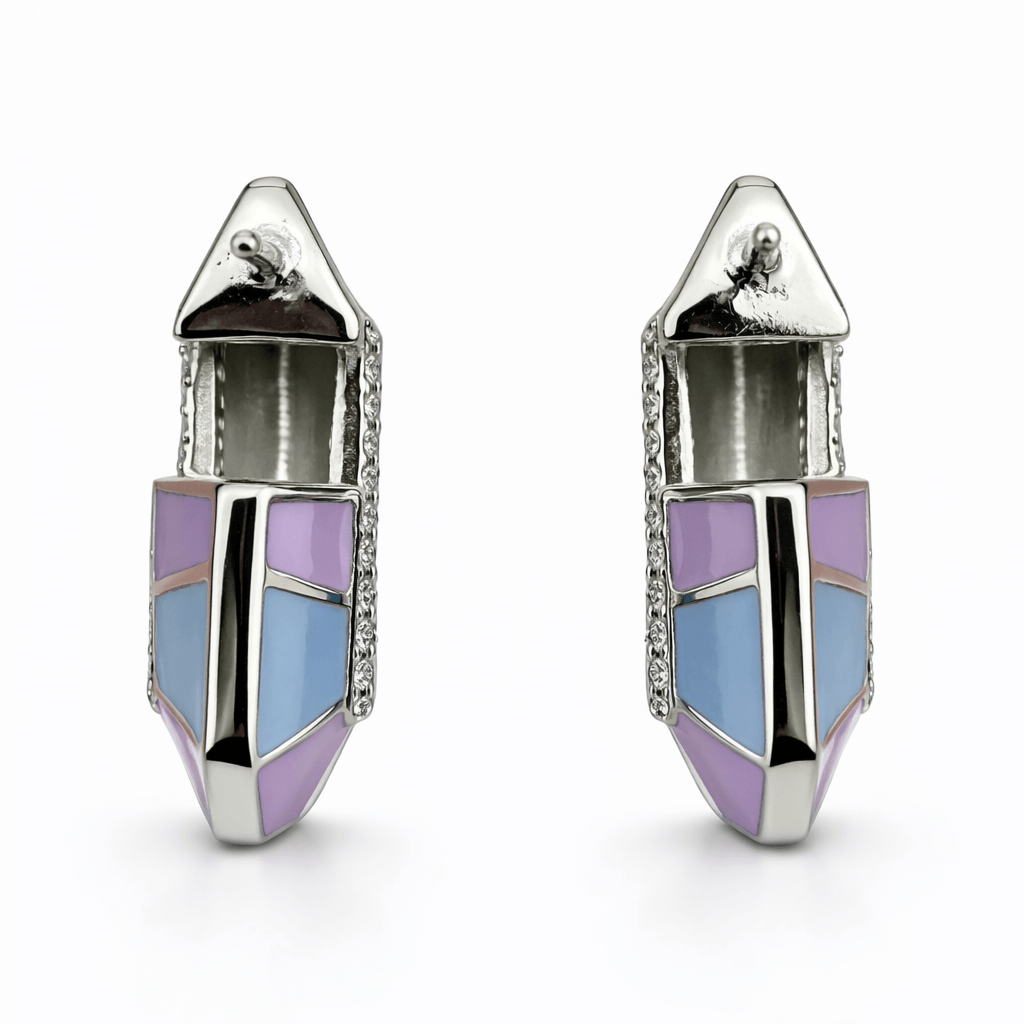 Silver Tone Enamel Hoop Earrings with Blue Purple Panels and CZ Accents
