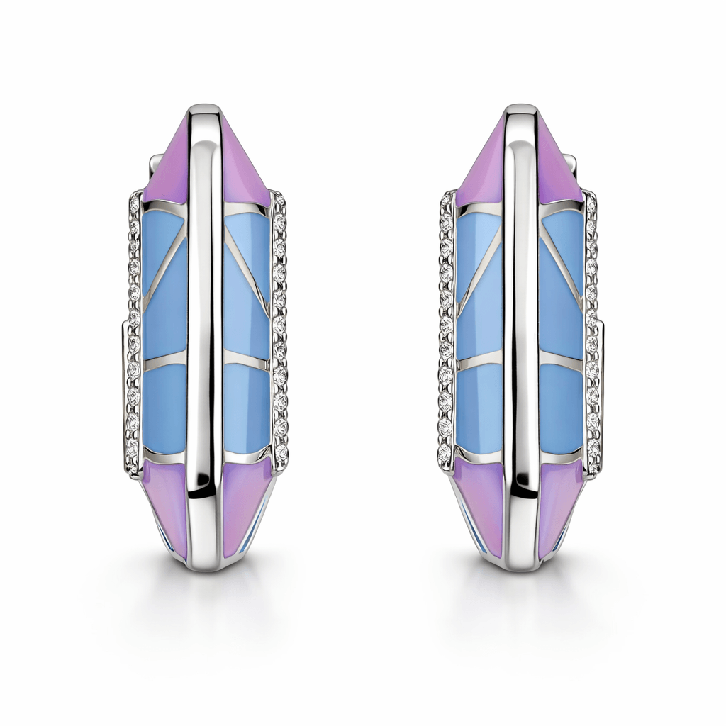 Silver Tone Enamel Hoop Earrings with Blue Purple Panels and CZ Accents