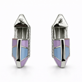 Silver Tone Enamel Hoop Earrings with Blue Purple Panels and CZ Accents