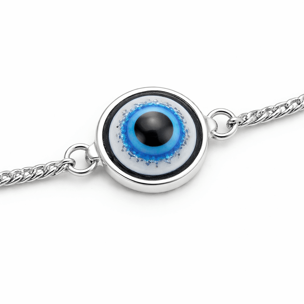 Silver Tone Evil Eye Charm Anklet with Blue Enamel Center