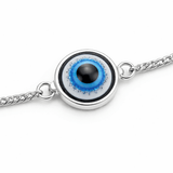Silver Tone Evil Eye Charm Anklet with Blue Enamel Center