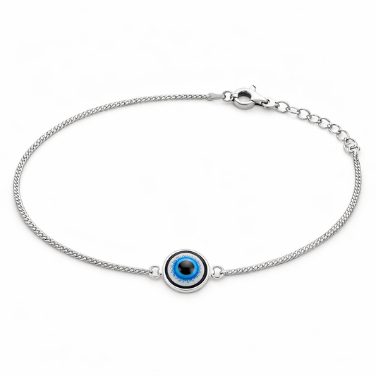Silver Tone Evil Eye Charm Anklet with Blue Enamel Center