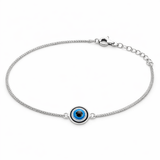 Silver Tone Evil Eye Charm Anklet with Blue Enamel Center