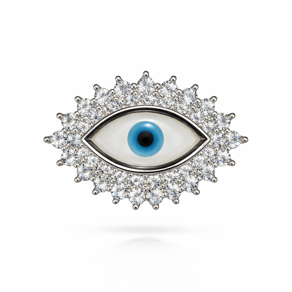 Silver Tone Evil Eye Pendant with CZ Halo Sparkle Statement Protection Design
