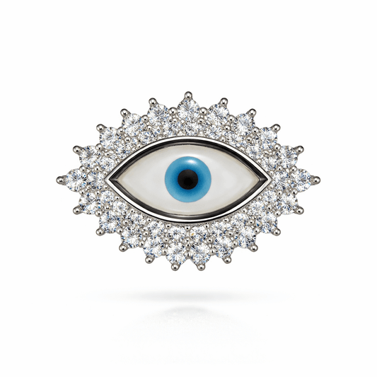 Silver Tone Evil Eye Pendant with CZ Halo Sparkle Statement Protection Design