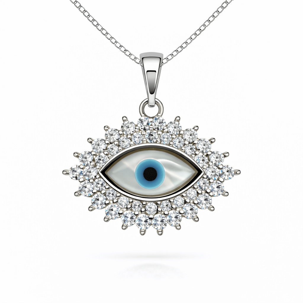 Silver Tone Evil Eye Pendant with CZ Halo Sparkle Statement Protection Design