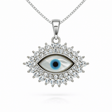 Silver Tone Evil Eye Pendant with CZ Halo Sparkle Statement Protection Design