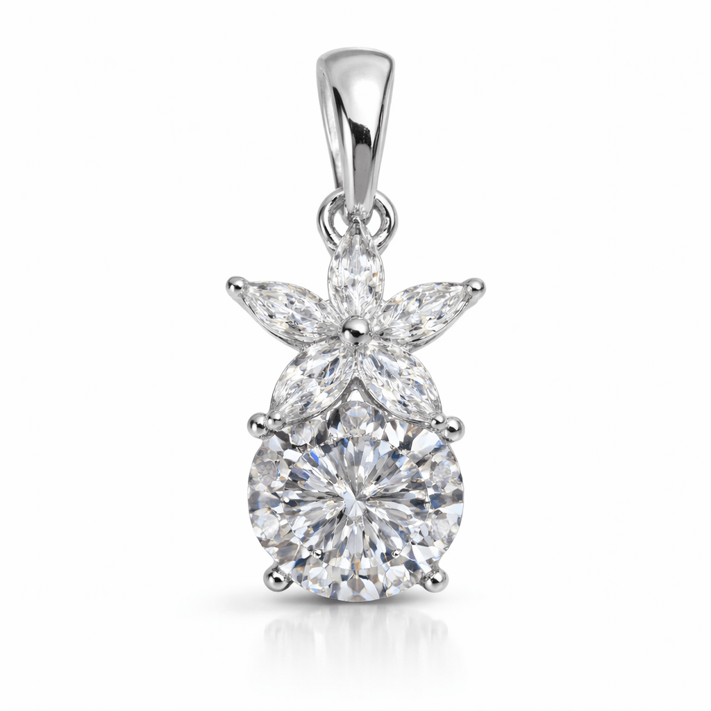 Silver Tone Floral Drop Pendant with Round Brilliant CZ Stone