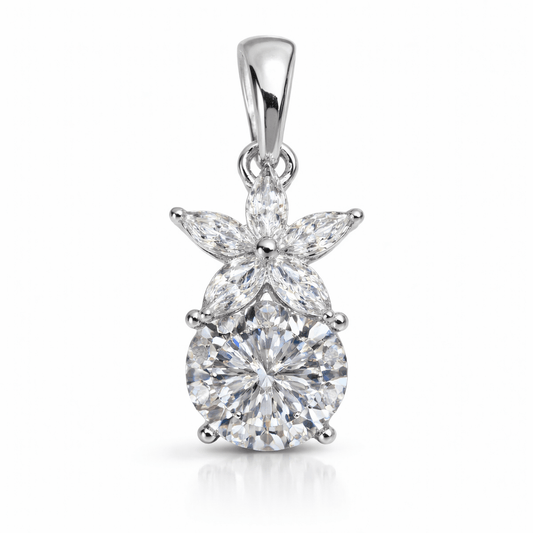 Silver Tone Floral Drop Pendant with Round Brilliant CZ Stone