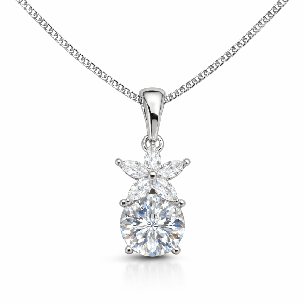 Silver Tone Floral Drop Pendant with Round Brilliant CZ Stone